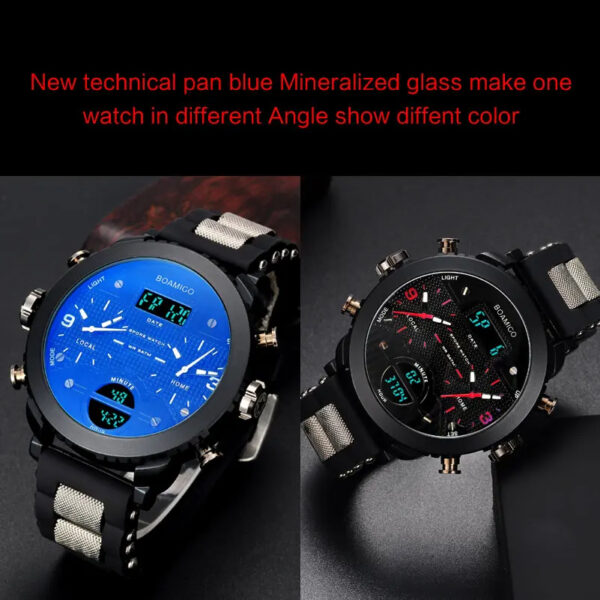 BOAMIGO 3 Time Zone Military Sports Watches LED Digital Quartz Wristwatches erkek kol satleri relogio masculino | RED - Image 3