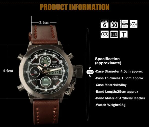 BOAMIGO men sports watches brown leather band man military quartz LED digital analog casual wristwatches waterproof reloj hombre | Green | Brown - Image 4