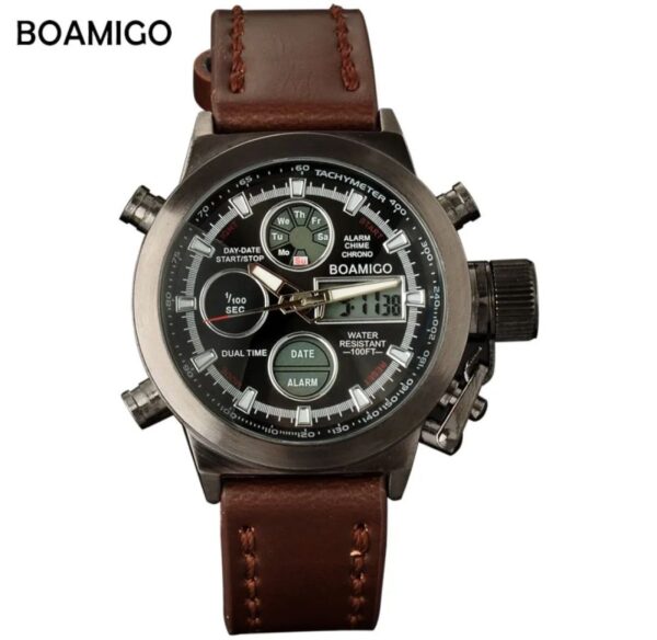 BOAMIGO men sports watches brown leather band man military quartz LED digital analog casual wristwatches waterproof reloj hombre | Green | Brown - Image 6