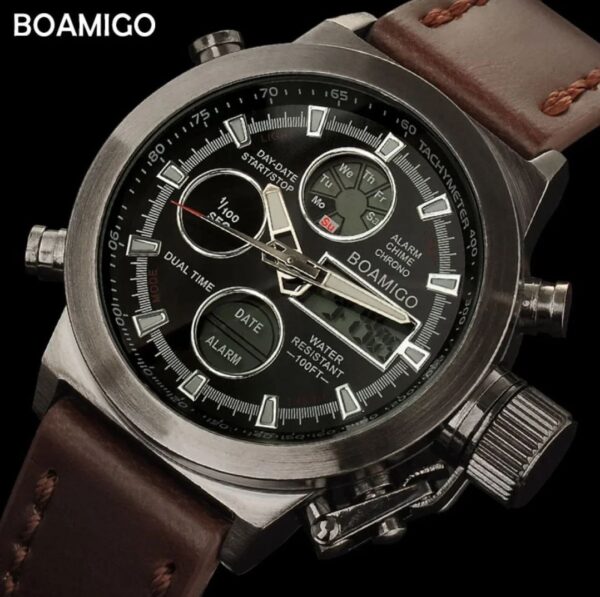 BOAMIGO men sports watches brown leather band man military quartz LED digital analog casual wristwatches waterproof reloj hombre | Green | Brown