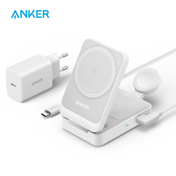 Anker MagGo 3-in-1 Charging Station, Qi2 Certified 15W MagSafe-Compatible Wireless Charger Stand,Apple Watch Charger for MagSafe